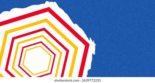 Creative summer holiday concept with bright striped yellow and red beach umbrellas against clear blue sky. Trendy summer design for poster, cover, ads, web banner or header