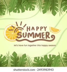 Creative summer illustration featuring tropical leaves. Seasonal design suitable for brochures, web banners, flyers and greeting card.
