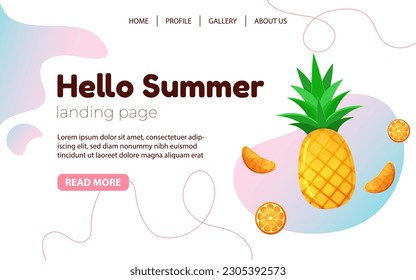 Diseño creativo de la página de aterrizaje de verano en colores de moda con frutas tropicales. Diseño de páginas Web. Plantilla de vectores. Concepto moderno de ilustración vectorial para el desarrollo de sitios web y sitios web móviles.