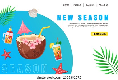 Creative summer landing page design in trendy colors with cocktails and summer drinks. Web page design. Vector template. Modern vector illustration concept for website and mobile website development.
