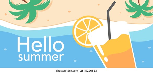 Creative summer nature horizontal template banner, poster, cover, card with sea, beach, orange drinks, juice, palm tree and typography design. Seasonal holidays, vacation travel vector illustration.