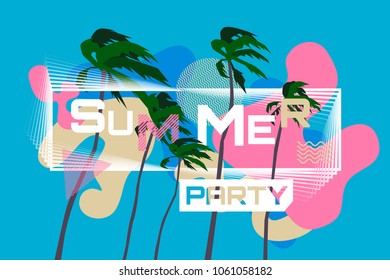 creative summer party horizontal banner with palms and abstract fluid shapes