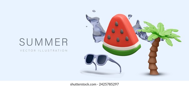 Creative summer poster in 3D style. Slice of watermelon, sunglasses, palm tree, splashes