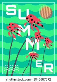 creative summer poster design with watermelon palms waves