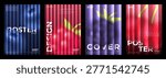 Creative Summer Posters with Reeded Glass Effect. Vibrant vector cards with colourful gradients, blurred summer berries ribbed glass texture. Flyers for celebration, ads, branding, cover, sale, menu.