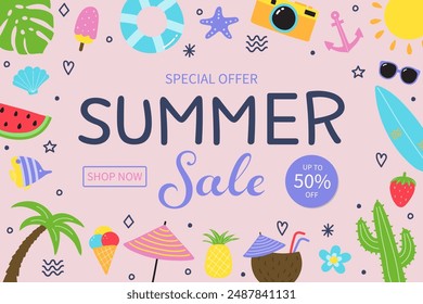 Creative Summer Sale background. Concept with vacation elements. Vector illustration