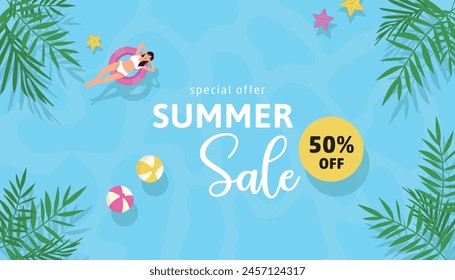 Creative summer sale banner in blue color with tropical leaves and discount text. Season promotion illustration.