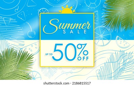 Creative Summer Sale banner with hand drawn tropical elements on background with sunshine. Season Promotion Illustration. Up to 50% off. Vector Illustration.