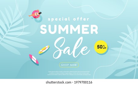 Creative summer sale banner in trendy bright colors with tropical leaves and discount text. Season promotion illustration.