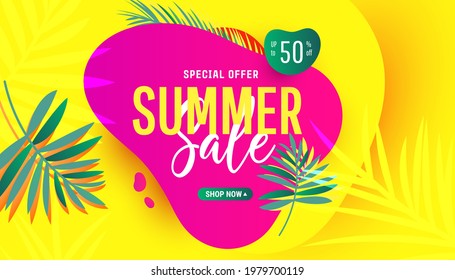 Creative summer sale banner in trendy bright colors with bubble shapes and discount text. Season promotion gradient illustration.