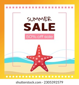 Creative summer sale banner in trendy colors with beach and discount text. Season promotion. Vector template in square shape.