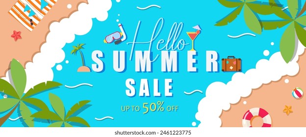 Creative summer sale banner in trendy bright colors with summer beach waves background for media, cover, post