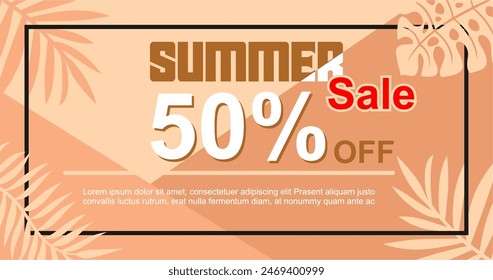 Creative summer sale banner in trendy bright colors with tropical leaves and discount text. Season promotion gradient illustration.