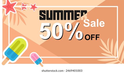 Creative summer sale banner in trendy bright colors with tropical leaves and discount text. Season promotion gradient illustration.