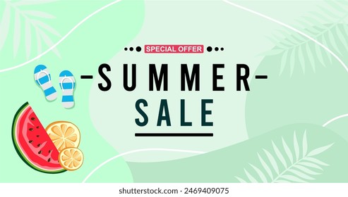 Creative summer sale banner in trendy bright colors with tropical leaves and discount text. Season promotion gradient illustration.