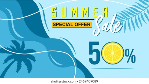 Creative summer sale banner in trendy bright colors with tropical leaves and discount text. Season promotion gradient illustration.