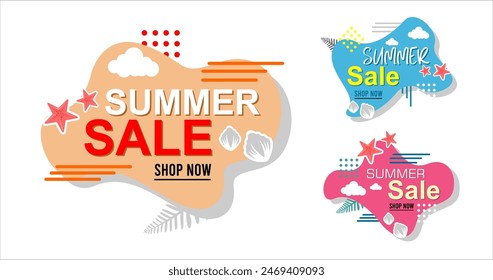 Creative summer sale banner in trendy bright colors with tropical leaves and discount text. Season promotion gradient illustration.