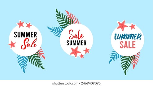 Creative summer sale banner in trendy bright colors with tropical leaves and discount text. Season promotion gradient illustration.