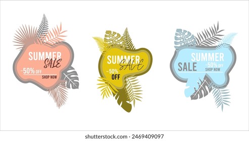 Creative summer sale banner in trendy bright colors with tropical leaves and discount text. Season promotion gradient illustration.