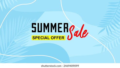 Creative summer sale banner in trendy bright colors with tropical leaves and discount text. Season promotion gradient illustration.