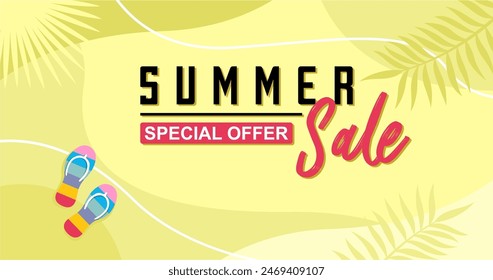 Creative summer sale banner in trendy bright colors with tropical leaves and discount text. Season promotion gradient illustration.