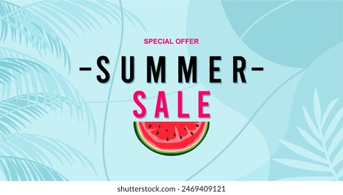 Creative summer sale banner in trendy bright colors with tropical leaves and discount text. Season promotion gradient illustration.