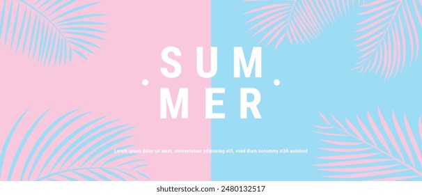 Anuncio creativo de venta de verano en colores brillantes de moda con hojas tropicales y texto de descuento. Ilustración de promoción de temporada.