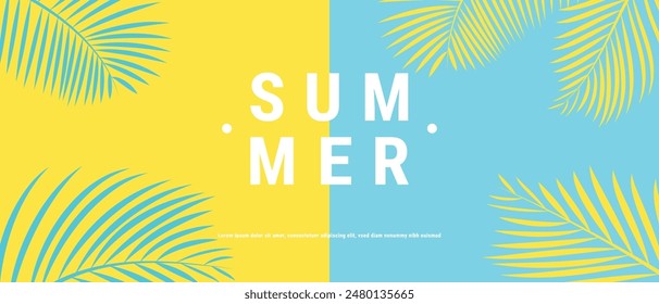 Creative summer sale banner in trendy bright colors with tropical leaves and discount text. Season promotion illustration.