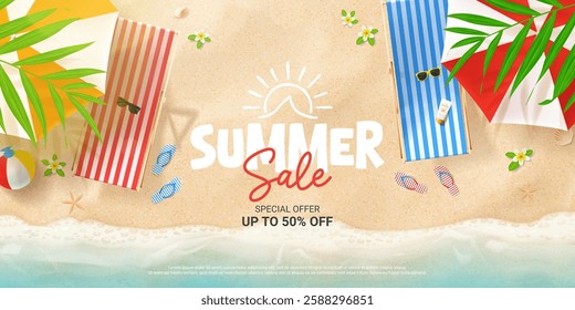 Creative summer sale banner. Vector summer template with beach, chairs, umbrellas, ball, seashells, flip flops, sea wave, tropical leaves, flowers. Ad background for promotion of summer goods, events.