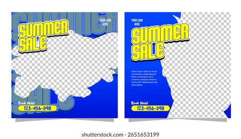 Creative summer sale flyer template with bold yellow typography, blue background, and photo placeholders. Perfect for seasonal promotions, retail discounts, and e-commerce marketing. 