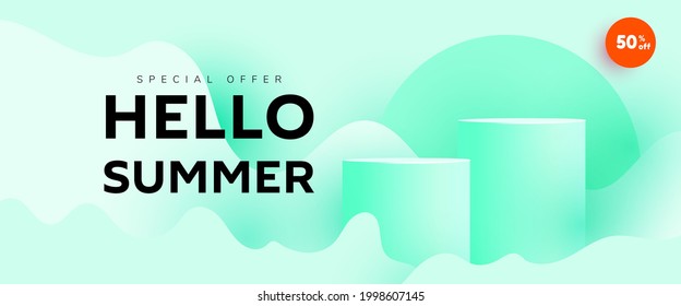 Creative summer sale horizontal banner in trendy bright color with podium or platform shapes. Vector illustration