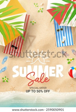 Creative summer sale poster. Vector summer template with beach, chairs, umbrellas, ball, seashells, flip flops, sea wave, tropical leaves, flowers. Ad flyer for promotion of summer goods, events.