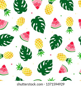 creative summer seamless pattern with hand drawn tropical leaves, pineapples and watermelons. good for textile prints, wallpaper, wrapping paper, product package, stationary and scrapbooking. eps 10