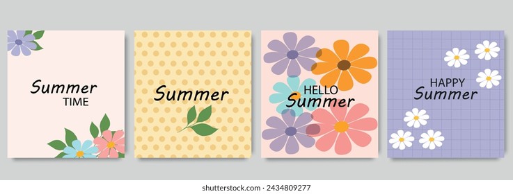 Creative summer season floral square cover vector. Set of banner design with flowers, leaves, branch. sale,wedding,Colorful blossom background for social media post, website, business, ads.