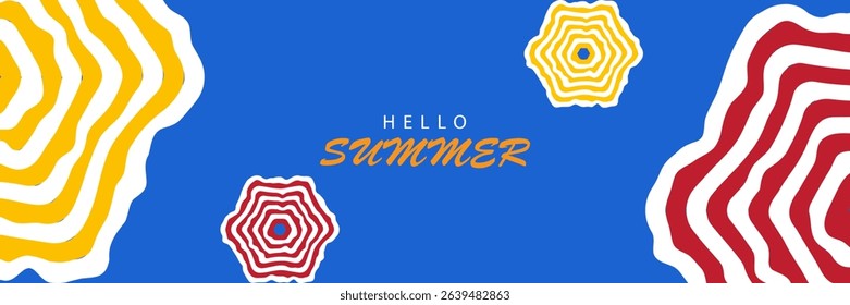Creative summer vacation concept with bright yellow and red striped beach umbrellas on clear blue sky. Trendy summer design for poster, cover, advertisement, web banner, eps 10