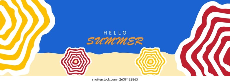 Creative summer vacation concept with bright yellow and red striped beach umbrellas on clear blue sky. Trendy summer design for poster, cover, advertisement, web banner, eps 10