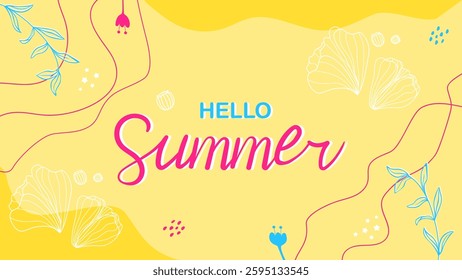 Creative summertime banner in trendy bright colors with tropical leaves and text hello summer. Season promotion illustration. Fresh design for posters, flyers, greeting cards, invitations, web.