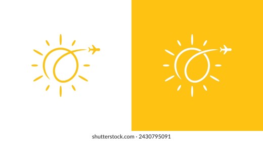 Logotipo creativo de sol y avión con estilo de contorno lineal. Plantilla de diseño vectorial de símbolo de logotipo de viaje.