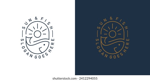 Logo Creativo de Sol y Pescado. Ola de Sol, Océano, Hawai, Pescado marino con un estilo de contorno lineal. Plantilla de diseño de vectores de símbolos de logotipo hawaiano.