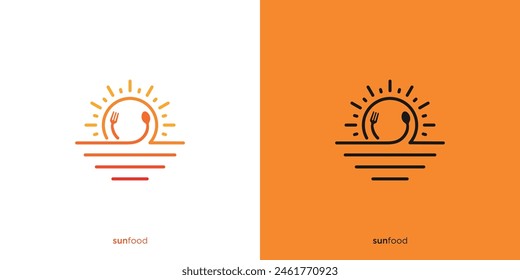 Diseño creativo del logotipo de Sun Food. Puesta de sol, salida del sol, con cuchara y tenedor con estilo de contorno lineal. Logotipo adecuado para cafeterías, restaurantes u otras empresas de alimentos.