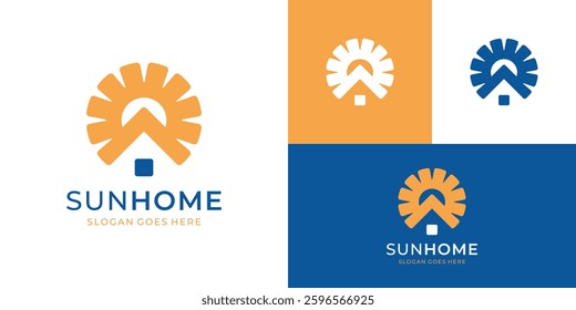 Creative sun house logo. Solar energy and home logo design vector illustration.