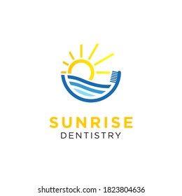 Creative sunrise sunset sea with tooth brush dentistry logo design