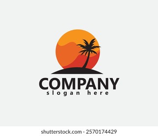 creative sunset with hills in it complete with palm tree shadows, logo design