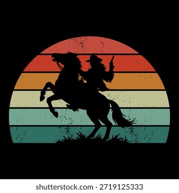 Vector creativo del jinete del caballo de la puesta del sol