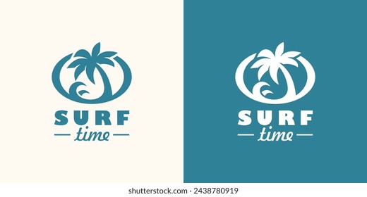 Creative Surf Time Logo. Palm Tree Beach Wave with Minimalist Style. Summer Logo Icon Symbol Vector Design Template.