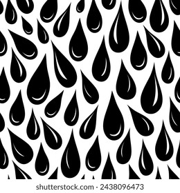 Creative surface art texture with irregular black droplets tightly placed close together over white background. Black and white seamless vector pattern.