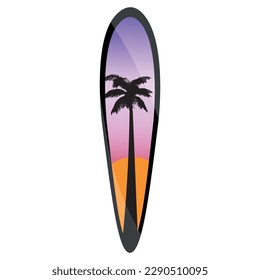 Creative surfboard with tropical palm on white background