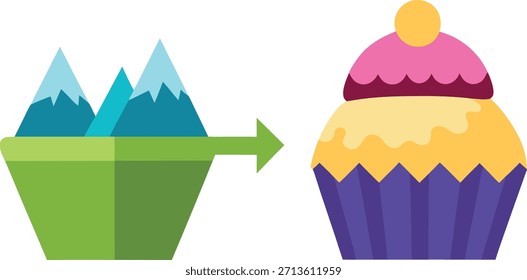 Concepto surrealista creativo que muestra un cupcake transformándose en un paisaje de montaña sobre un fondo blanco limpio, combinando el arte del postre con la imaginación de la naturaleza, el diseño de alimentos de fantasía y el visual conceptual 