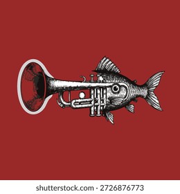 Ilustração de vetor surreal criativo de um peixe combinado com um trompete no estilo gravado vintage. Adequado para arte de pôster, impressões com temas musicais e marca conceitual.