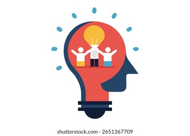 Creative surreal vector of a teacher with a lightbulb head, surrounded by students holding glowing ideas. Symbolizes inspiration, innovation, and education in a modern conceptual art style.